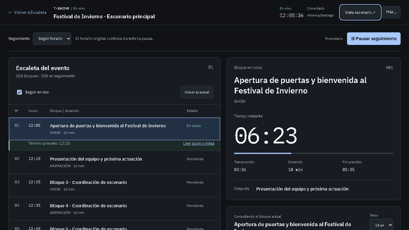 Consola de operación en vivo de T-Show con un evento de demostración